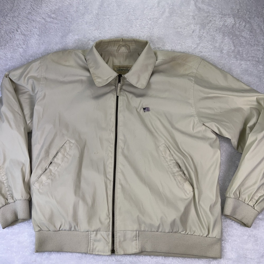 VTG 90s St John's Bay Men's Large FullZip Bomber Jacket Tan Distressed +USA Pin